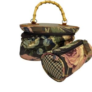 Bamboo Handled Makeup Case Cosmetic Bag Floral Herringbone Travel Mirror Pockets